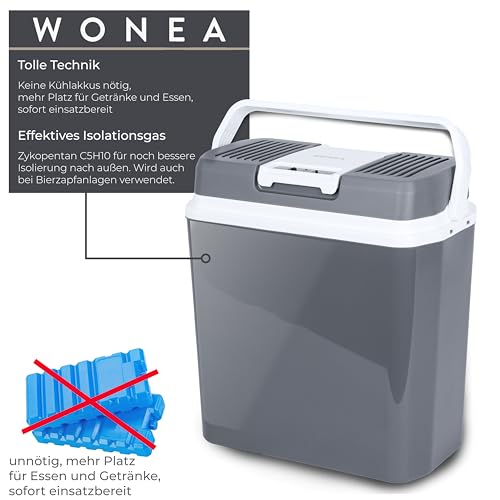WONEA 24 Liter Thermoelektrische Kühlbox mit USB Anschluss für Powerbank, 12V 230V KÜHLEN und WÄRMEN, Leise Camping Kühlbox Auto LKW