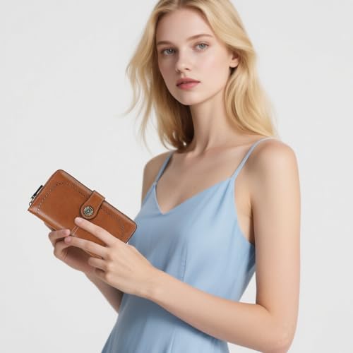 Image of Wristlet Wallets for Women Leather Credit Card Holder Bifold Brown | RFID Blocking, Large Capacity, Ladies Phone Clutch Purse with Zippered Coin Pocket