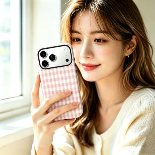 Image of for iPhone 17Pro Case Cute Phone Case,Compatible with MagSafe,Dual Layer Shockproof Protective Phone Cover,Hard Shell + Silicone Cover,Fashion Design for Women Girls,Pink and White Plaid