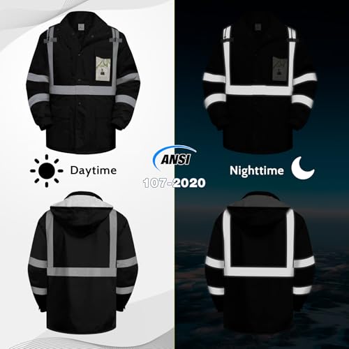 Uno Mejor Reflective Jackets for Men, High Vis Safety Work Jacket with Pockets, Construction Coats for Cold Weather, Waterproof Rain Gear, Class 3, Black Long, L by Uno Mejor - Image 4