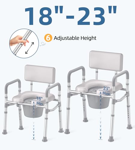 HOMLAND Bedside Commode with Padded Seat and Backrest, Aluminum Commode Toilet with Bucket, Easy Cleaning Portable Toilet for Adults and Seniors, 350 lb Capacity Enhanced Crossbar