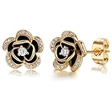 MOCHAMIK Pendientes de Plata de Ley con Flor de Rosa de Oro de 14 Quilates para Mujer Pendientes de Perlas de Flor de Oro Rosa delicados Lindos para Ella
