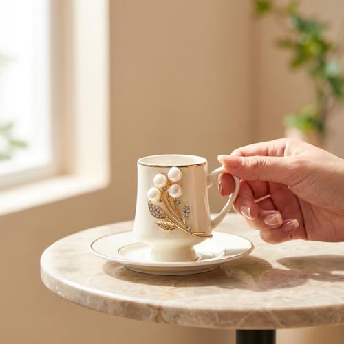 Gold Metal İnci & Çiçek Figürlü 12 Parça Cam Bardak & Fincan Seti - Görsel 7