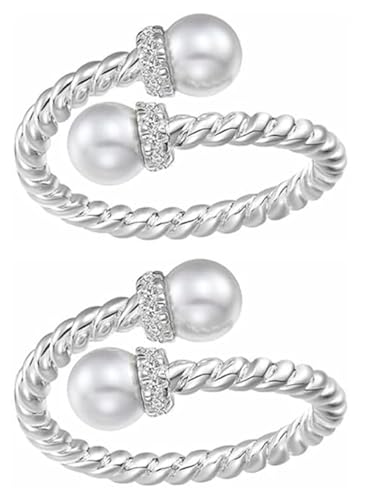 The Purest Love Double Pearl Ring with Cubic Zirconia - Adjustable Open Stacking Design for Women, Minimalist Twisted Pearl Jewelry Gift (2 PCS-Silver)