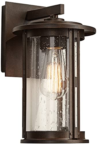 Franklin Iron Works Ridgeland Vintage Industrial Outdoor Wall Light Fixture Bronze 10 1/2" Seeded Glass Cylinder Lantern For Exterior House Porch Patio Outside Deck Garage Front Door Garden Home #TOP3