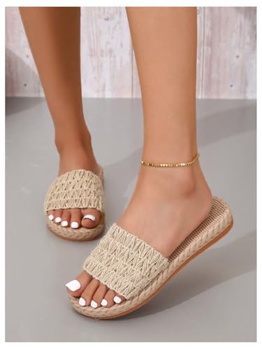 OYOANGLE Women's Boho Linen Braided Single Band Slide Sandals Beach Vacation Straw Flat Sandal2