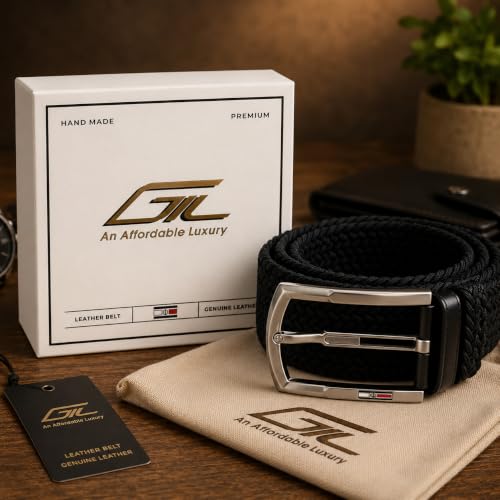 Image of GIL Brown Leather Belt for Men, Men's 34mm Profile Leather Belt with Signature Buckle, Casual and Formal Wear