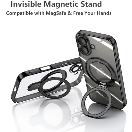 Image of Magnetic Case for iPhone 16 Plus Case Stand & Ring Holder Compatible with MagSafe Built-in Camera Lens Protector Shockproof Phone Case for iPhone 16 Plus 6.7 inch- Black