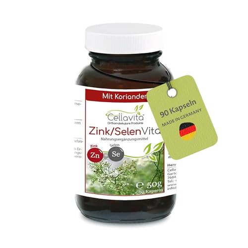 Cellavita - Zink-Selen & Koriander Vita 90 vegane Kapseln im Glas 50 g – Zinkcitrat & Natriumselenit zur Unterstützung des Immunsystems & Zellschutzes – Zusatzstofffreies Nahrungsergänzungsmittel