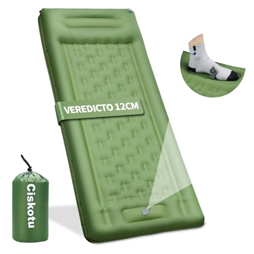 Ciskotu Esterilla Camping Autoinflable, 12CM Colchoneta Camping Ultraligero con Bomba de Pie y Cojín, Esterilla Hinchable para Camping, Trekking, Tienda