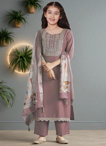 Image of Girls Ethnic Outfit | Embroidered Silk Girls Salwar Suit | Kurta Pant and Jacquard Dupatta Set