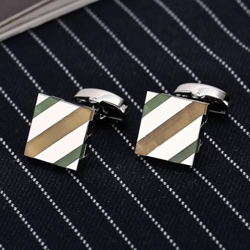 Gemelos de rayas cuadradas amarillas y verdes de acero inoxidable para novio 3