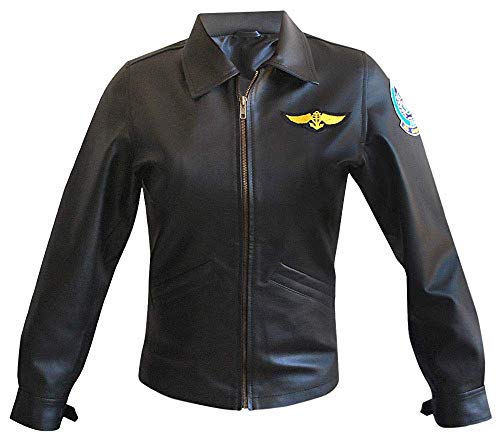 Womens Top Kelly McGillis Charlie Gun Flight Pilot Aviator Costume Leather Jacket Black