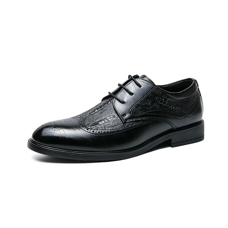 HOOENG Dress Shoes for Men Lace Up Round Toe Brogue Embossed Wing tip Faux Leather Derby Shoes Low Top Rubber Sole Anti-Slip Prom(Color:Black,Size:8.5)