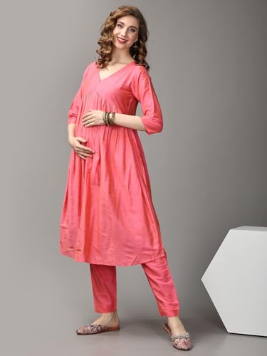 Image of The Mom Store Women's Raw Silk Maternity and Nursing Kurta Set | Front Zipper for Easy Feeding Pre and Post Pregnancy