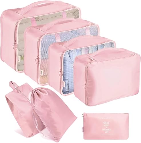 Image of Nylon 7 Pcs Travel Organizer Pouch Packing Cubes For Travel Clothes Space Savers Bags Cosmetics /Underwear /Socks /Shoes Toiletry Organiser Pouch (Pink)