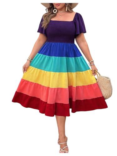 Women's Plus Size Rainbow Striped Ruffle Midi Dress Colorblock Tiered Square Neck High Waist A Line Dresses