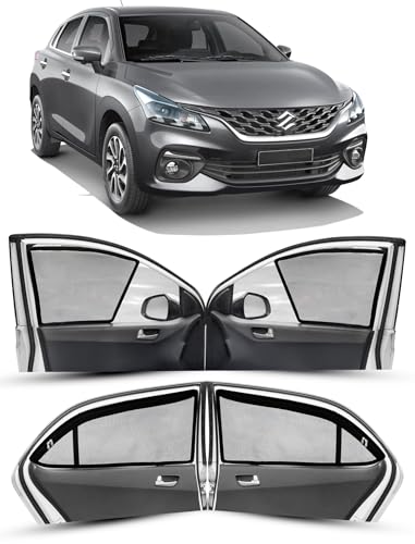 Image of Autofact Magnetic Car Sunshades Compatible with Maruti Baleno New (2022 to 2024) (Set of 4) - Easy Installation, UV Protection (Front 2 Half-Cut for Side Mirror Visibility, Rear 2 with Zippers)