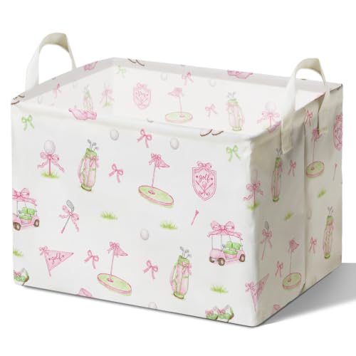 Pink Bow Storage Basket with Handles, Golf Stylish Birthday Gift for Girls, Canvas Golf Clubs Organizer, Elegant Pink Bow Party Decor, White Waterproof Foldable Laundry Bin for Bedroom Bathroom