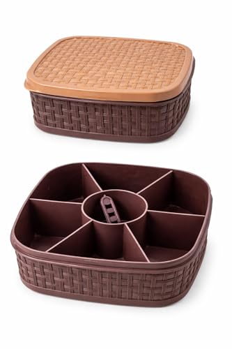 Image of Masala Box Set - 7 in 1 | BPA Free Plastic Spice Container | Multipurpose 7 Compartment Masala Rangoli Dabba | Kitchen Storage Organizer Box (19 cm, Brown)