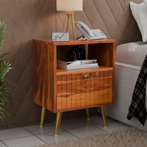 Image of Solid Sheesham Wood Bedside Table with Storage Cabinet & Open Shelf | Wooden Nightstand with Fluted Door, Gold Finish Metal Legs & Brass Knob (Honey Finish)