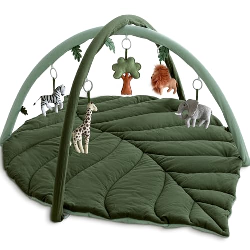 Image of Baby Play Gym with Mat Leaf Shaped, Baby Play Mat with 5 Hanging Toys Tummy Time Mat, Baby Gym Activity Center, Washable (Green)