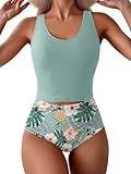 Eomenie Two Piece Tankini Swimsuits for Women Tummy Control Bathing Suits Cutout Back Swim Tank Top with High Waisted Bottom Green Floral
