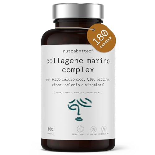 Collagene marino con Acido ialuronico | collagene marino idrolizzato AQUACOL® 1000 mg | 180 capsule |con Q10, Vitamina C, Biotina, Zinco e Selenio |Articolazioni, Pelle, Capelli e Unghie |nutrabetter®