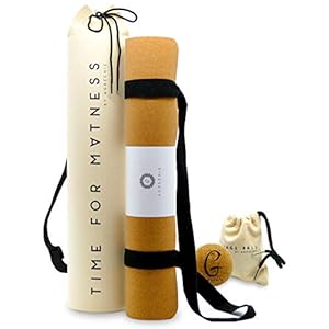AGreenie® Premium Ecologische yogamat met tas,sport-, fitness-, gymmat van kurk en natuurlijk rubber, 4 mm, antislip, vrij van schadelijke stoffen, inclusief draagriem, massagebal en e-book