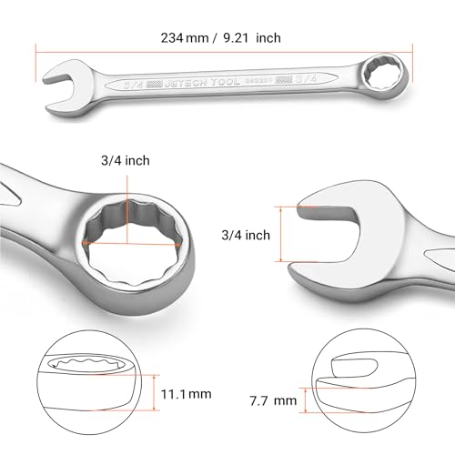 Image of Jetech 3 /4 inch Combination Wrench, SAE 12-Point Chrome Vanadium Steel Spanner, Industrial Grade with 15-Degree Offset, Sand Blasted Finish, Heat-Treated Forged Tool