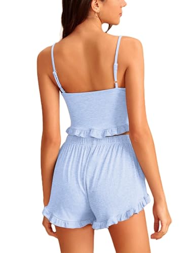 Image of Avanova Women Sexy 2 Piece Pajama Set Ruffle Trim Cami Top and Shorts Sleepwear Set