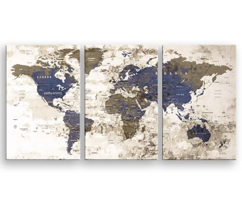 BoxColors Original LARGE 30"x 60" 3 panels 30x20 Ea Art Canvas Print Watercolor Beige Old Map World Push Pin Travel Wall home decor (framed 1.5" depth) M1811