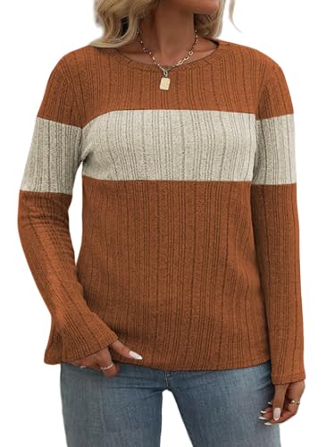 VISLILY Plus-Size-Womens-Tops Casual Color Block Long Sleeve Shirts Lightweight Knit Pullover Sweaters Trendy Tunics Blouses3