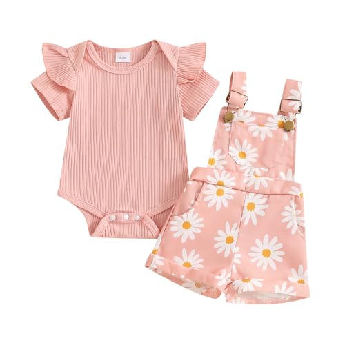 DSORVICD Newborn Baby Girl Summer Clothes Ribbed Ruffle Short Sleeve Romper Daisy Suspender Overall Shorts 2Pc Outfits (Pink, 0-3 Months)