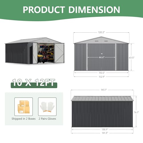 Image of Devoko 10x12 FT Outdoor Storage Shed, Large Metal Storage Sheds with Lockable Door, Utility Garden Tool Shed with Sloping Roof, Outside Steel Storage Sheds for Patio Lawn Backyard, Gray