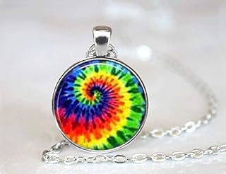 Colar com imagem de arte, colar tie-dye, colar de azulejo de vidro, colar tie-dye, joias hippie, colar de prata, joias de prata, joias de vidro, joias de prata, presente de amor