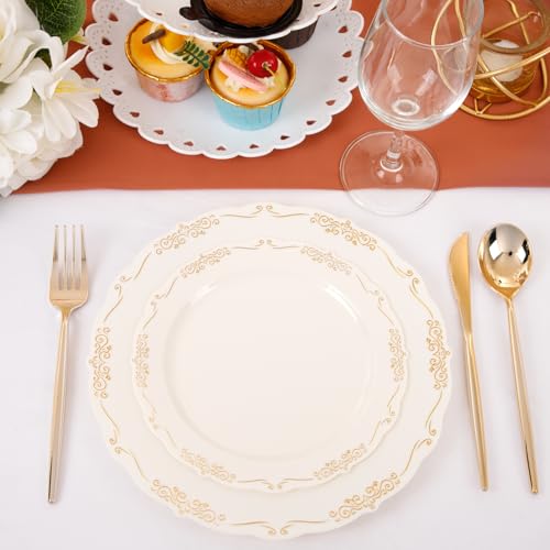 U-QE 100 PCS Ivory Plastic Plates with Gold Rim - Gold Plastic Plates for Party - Heavy Duty Plastic Plates Disposable Use Including 50 Dinner Plates 10 '' & 50 Dessert Plates 7.5 '' by U-QE - Image 4