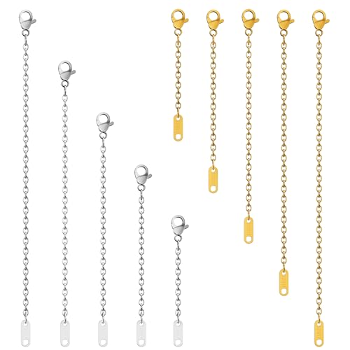 【十本セット】ネックレス延長チェーン アジャスター 2色×5サイズ（5cm/7.5cm/10cm/12.5cm/15cm） アクセサリー用 簡単装着 ステンレス+ 18Kメッキ製 金属アレルギー対応 延長パーツ 延長アジャスターセット レディース メンズ - BONISON - 商品画像