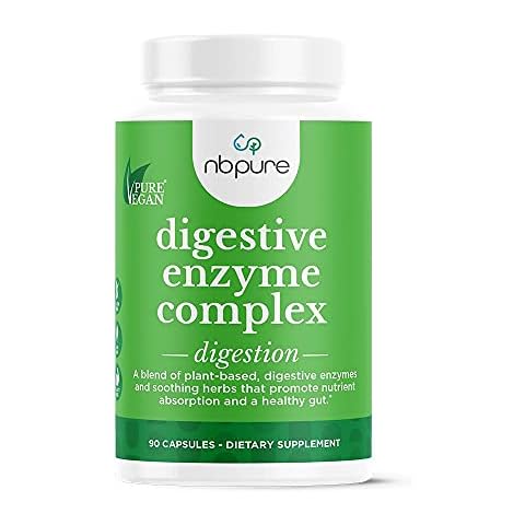 Nbpure Vegan Digestive Enzyme Complex – Daily Bloating, Gas, & Food Digestive Support for Women & Men – 12 Enzymes & 3 Herbs – Lactase, Protease, Lipase, Ginger, Cinnamon, Peppermint + More Cover