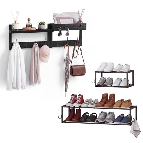 DongRong 4 Pack Wall Mounted Coat and Shoe Rack Entryway, Space Saving Storage Bench for Entryway，Wall Coat Rack with Hooks, Adjustable Hanging Shoe Rack (Hold 12 Pairs), for Hallway, Entryway, Black