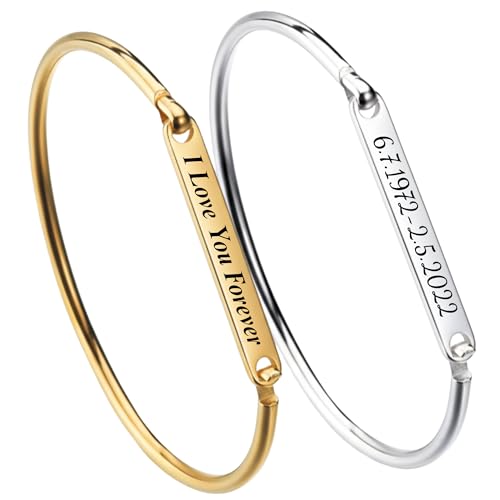 Personalized Engraved Bracelet Custom Name Jewelry Gift for Women Stainless Steel Bangle with Names Initials Date Coordinates Anniversary Birthday Present Couples Friendship Memorial