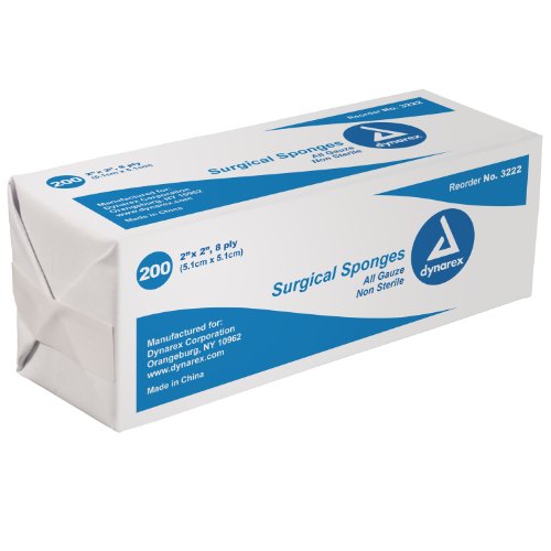 Esponja de gasa Dynarex de 2" x 2", 8 capas, no estéril, paquete de 200 unidades, modelo 3222