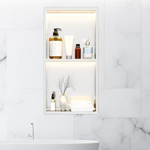 24 x 12 Inch LED Light Shower Niche Stainless Steel Niche No Tile Needed with Light Double Layer Recessed Wall Niche Insert Shower Niche Shower for Bathroom Storage(Silver)