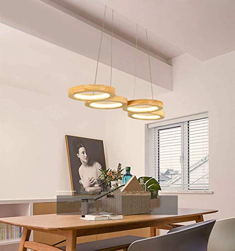 Lampada a sospensione a LED in legno a 4 anelli con telecomando, lampada a sospensione moderna dimmerabile, lampada per sala da pranzo, soggiorno, bar, ristorante, regolazione continua, lampada a