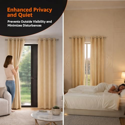 Image of Amazon Basics - Room Darkening Blackout Door Curtains, 100% Room Darkening | 7 Feet |Set of 2| Embossed | Self Deisgn |for Living Room and Bedroom | 115cmx 210cm, Color- Cream