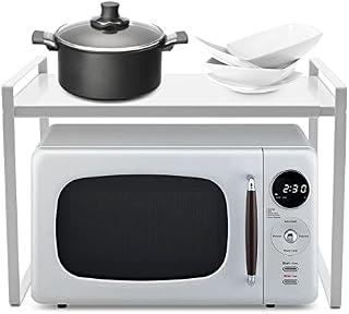 Extendable Microwave Oven Rack - Microwave Shelf Stand, White Kitchen Storage Organiser, 2 Tiers Storage Shelving Unit Kitchen Counter Shelf for Kitchen Dining Room Living Room