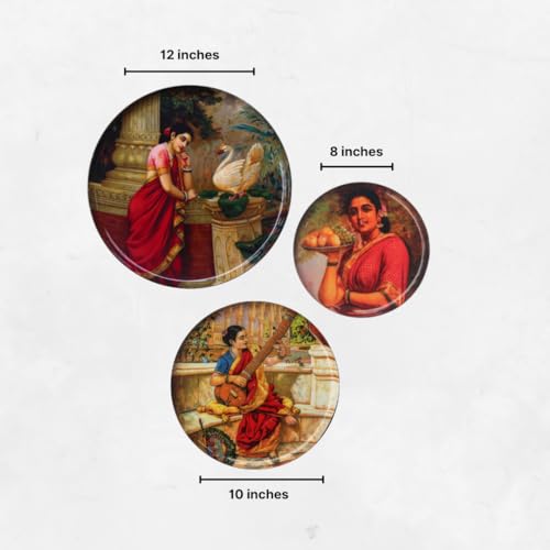 Image of the atrAng Alloy Steel, Carbon Steel Raja Ravi Varma Decorative Wall Plates Set | Vintage Indian Art for Living Room & Home Decor | Hanging Plates for Wall Aesthetic (Set of 3)