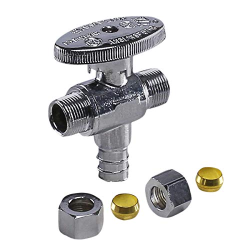 Image of Midline Valve 86351QS-OM-5 Water Supply Angle Stop Valve; Dual Outlet; Quarter Turn Wheel; for Toilet, Sink, Dishwasher; 1 /2'' PEX x 3 /8'' x 3 /8'' Compression; Chrome Plated Brass (5 PK)