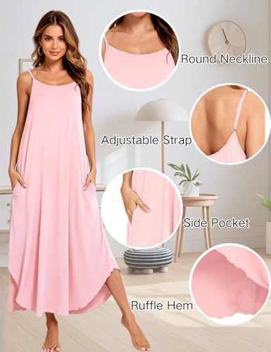 Image of SWOMOG Women Long Nightgown Pajama Dress Soft Strap Nightdress Summer Sleeveless Nightshirt Lounge Dress with Pockets