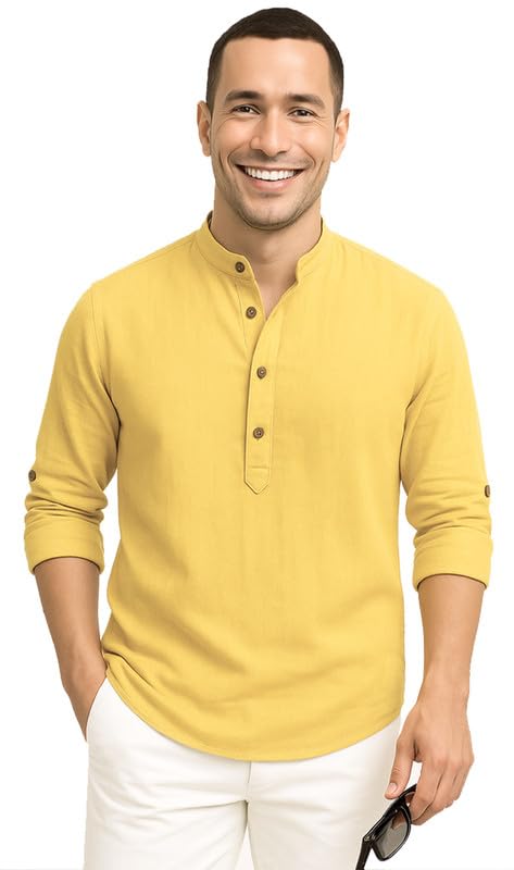 Image of DEEMOON Men's Cotton Blend Solid Regular Fit Full Sleeve Short Kurta | Men's Trendy Short Kurta